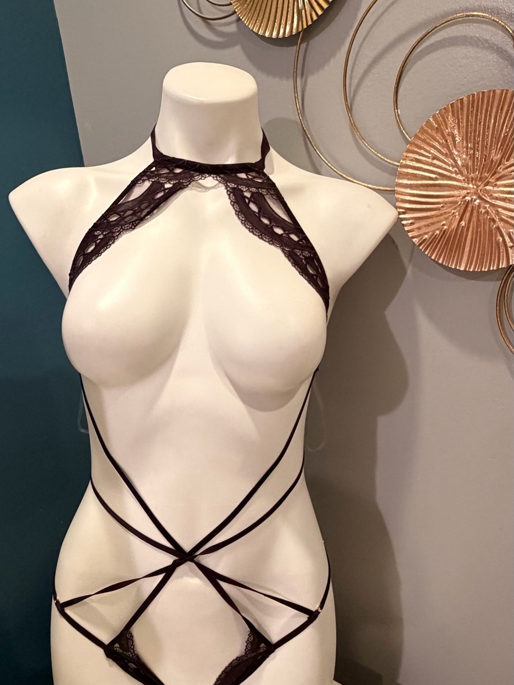 Victoria's Secret Strappy Lace Halter Teddy — Black